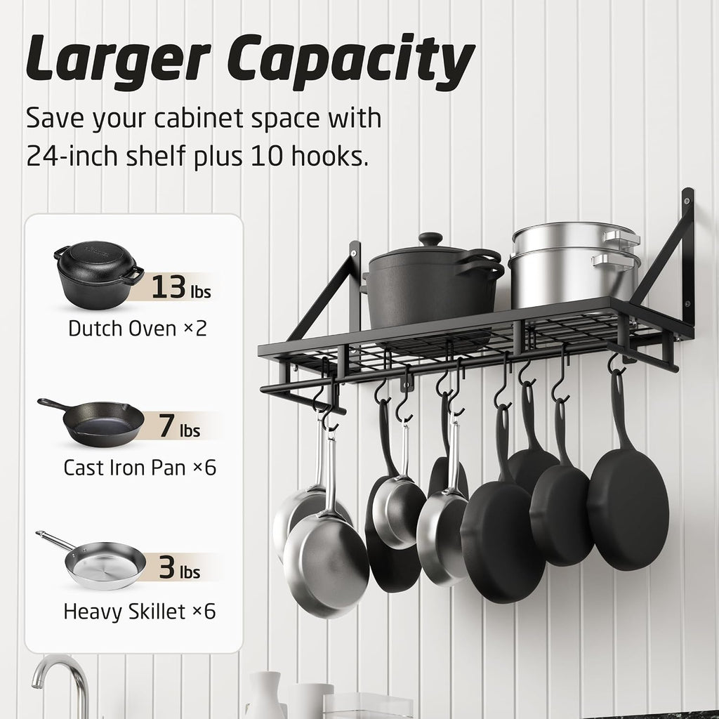 24" Matte Black Wall Mount Pot Rack