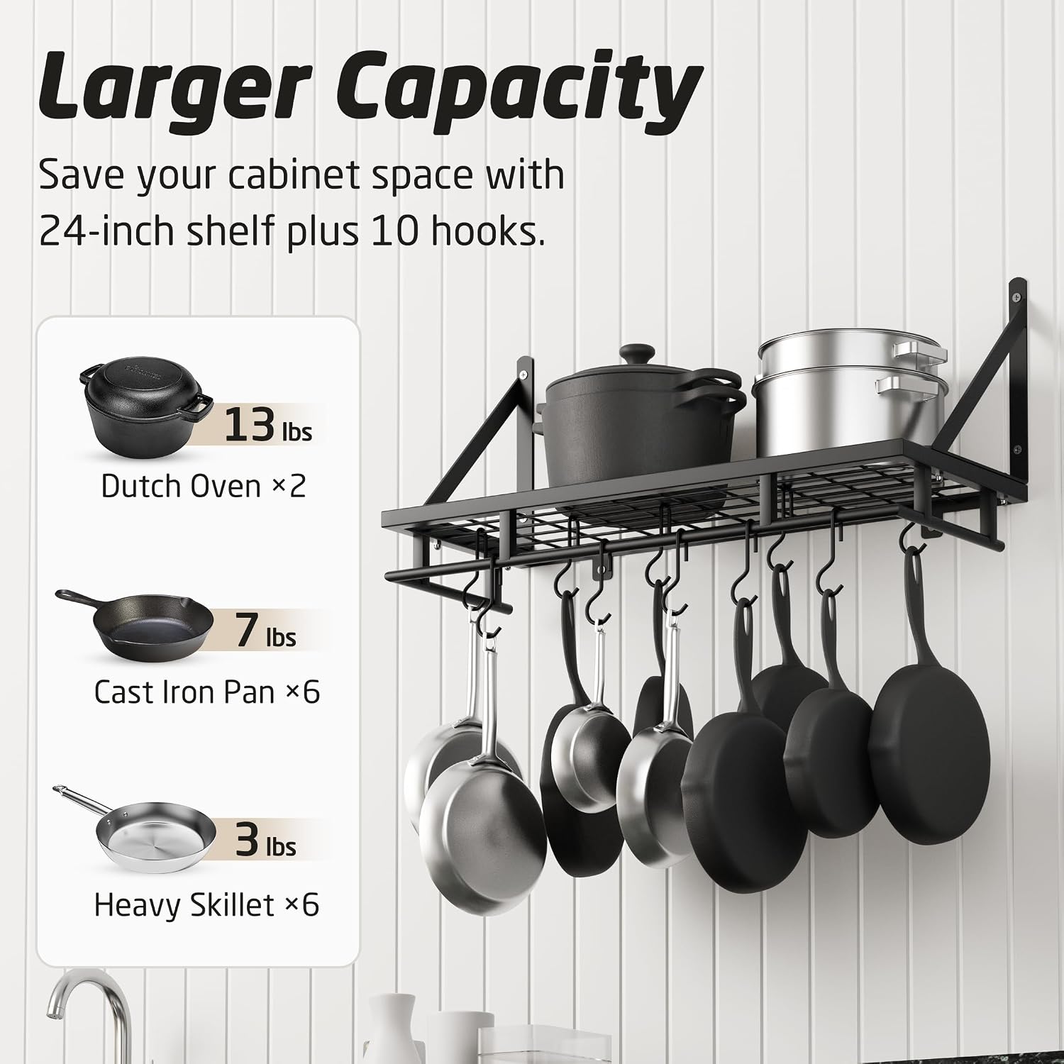 24" Matte Black Wall Mount Pot Rack
