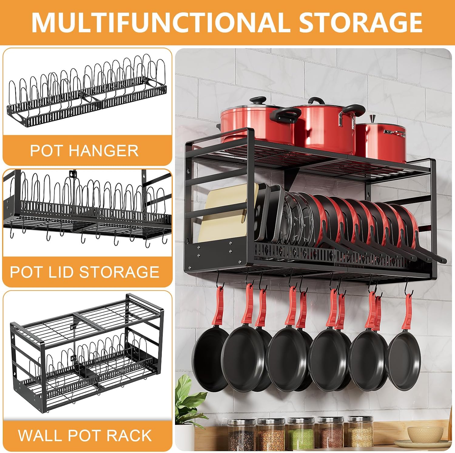 31" 2-Tier Wall Mount Pot Rack with Spice Rack
