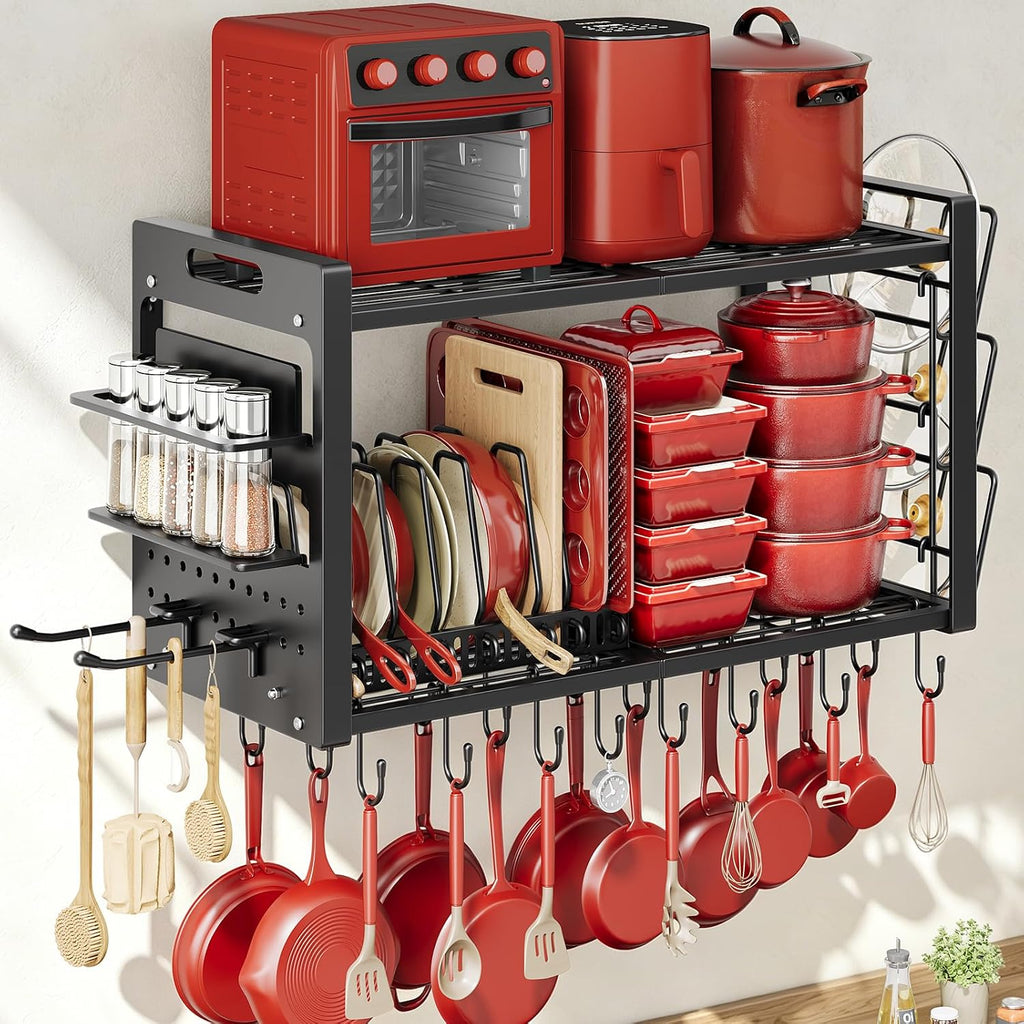 Wall Mount Pot Rack with 20 Hooks & Lid Holders