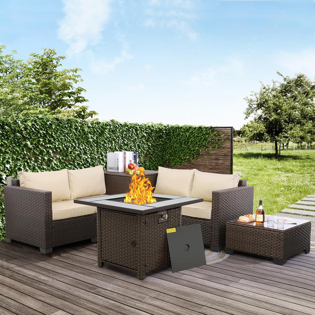 5 Piece PE Rattan Patio Set Fire Pit Table Khaki Cushions