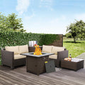 5 Piece PE Rattan Patio Set Fire Pit Table Khaki Cushions