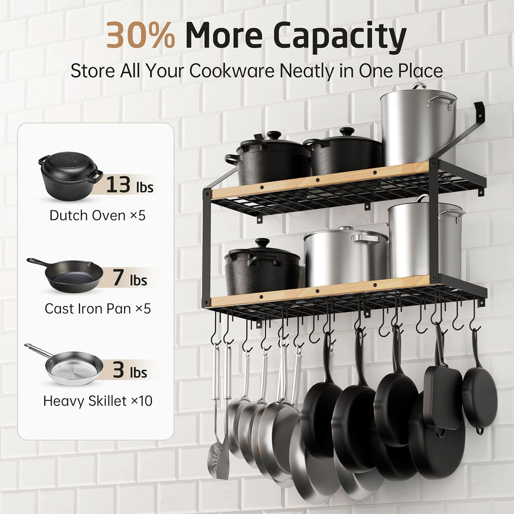 34" Wood Wall Pot Rack 20 Hooks Matte Black