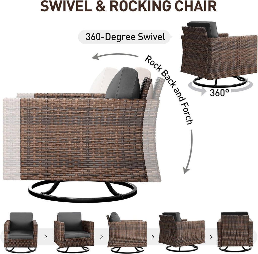 5 Piece Grey Wicker Patio Set with Swivel Rockers & Storage Table