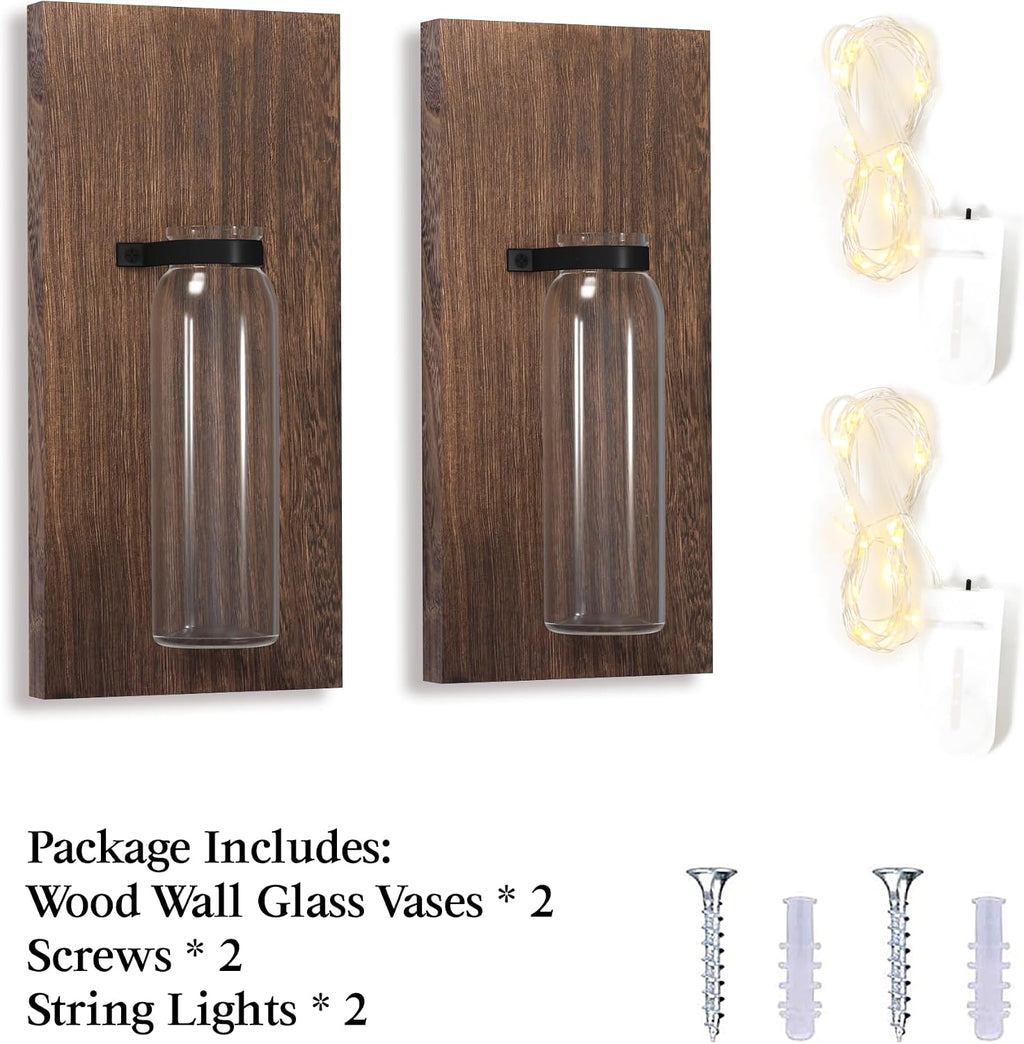 2 Pack Farmhouse Wood Glass Wall Hanging Planter Sconces