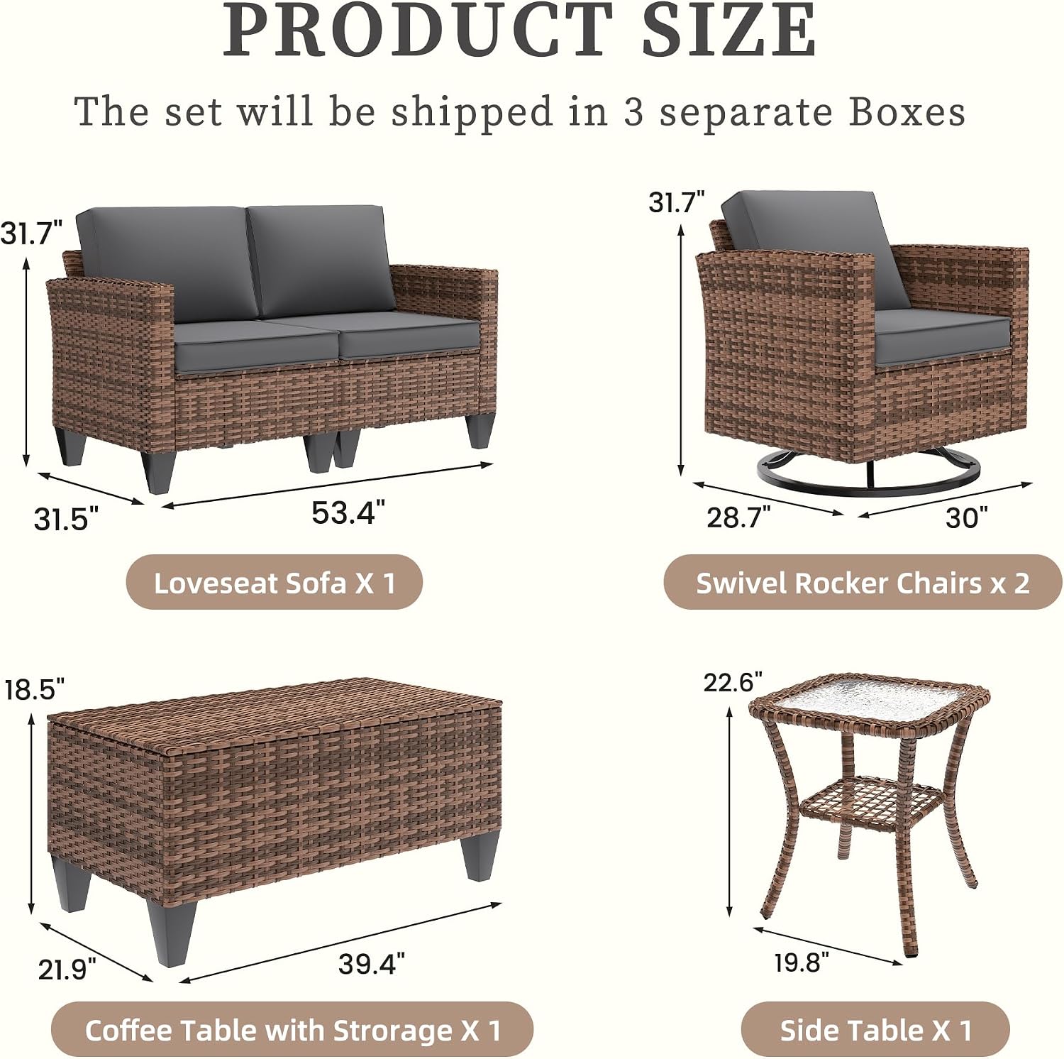 5 Piece Grey Wicker Patio Set with Swivel Rockers & Storage Table