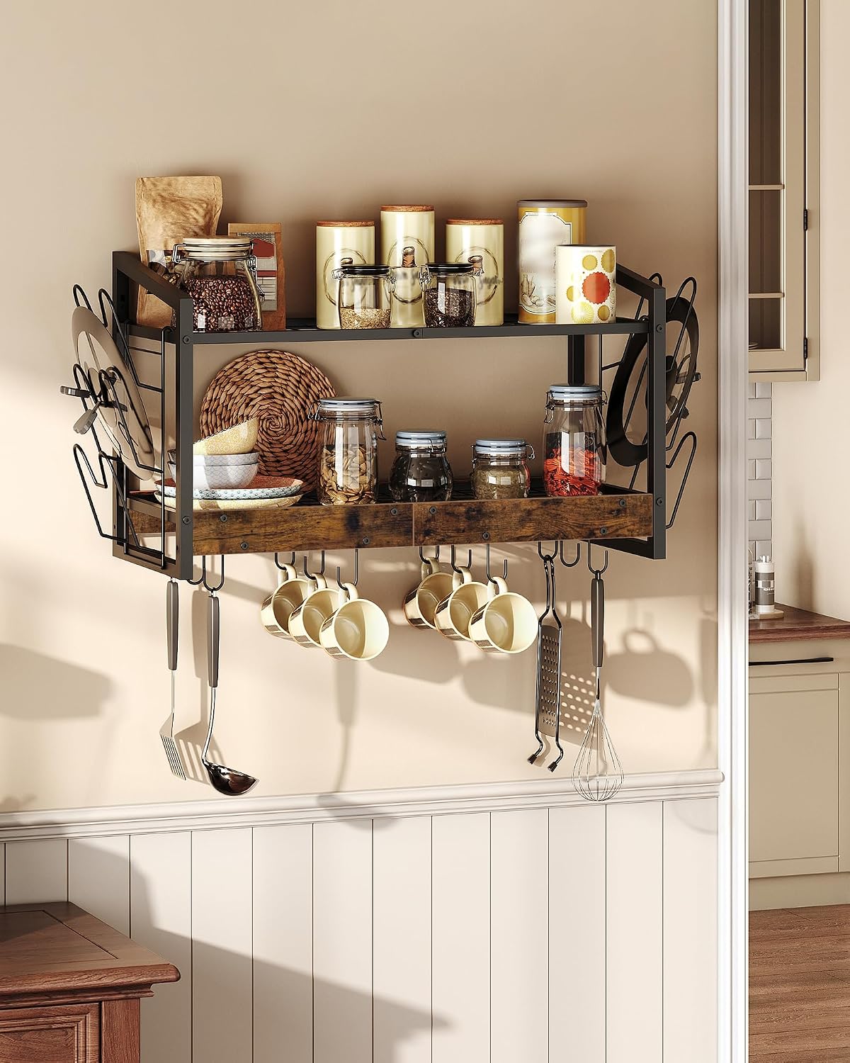 Rustic Brown 2-Tier Wall Mount Pot Rack with 12 Hooks