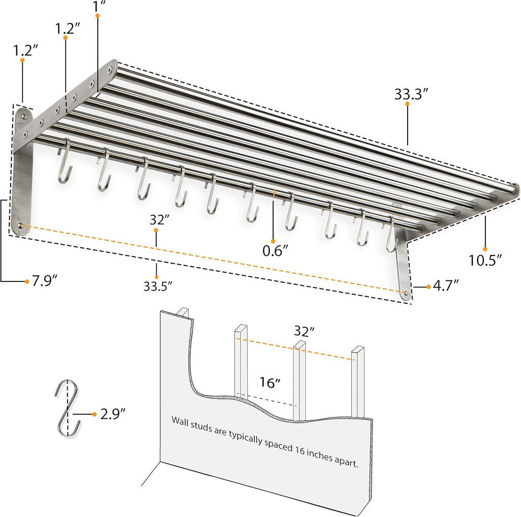 Chrome Stainless Steel Wall Pot Rack with 10 S Hooks