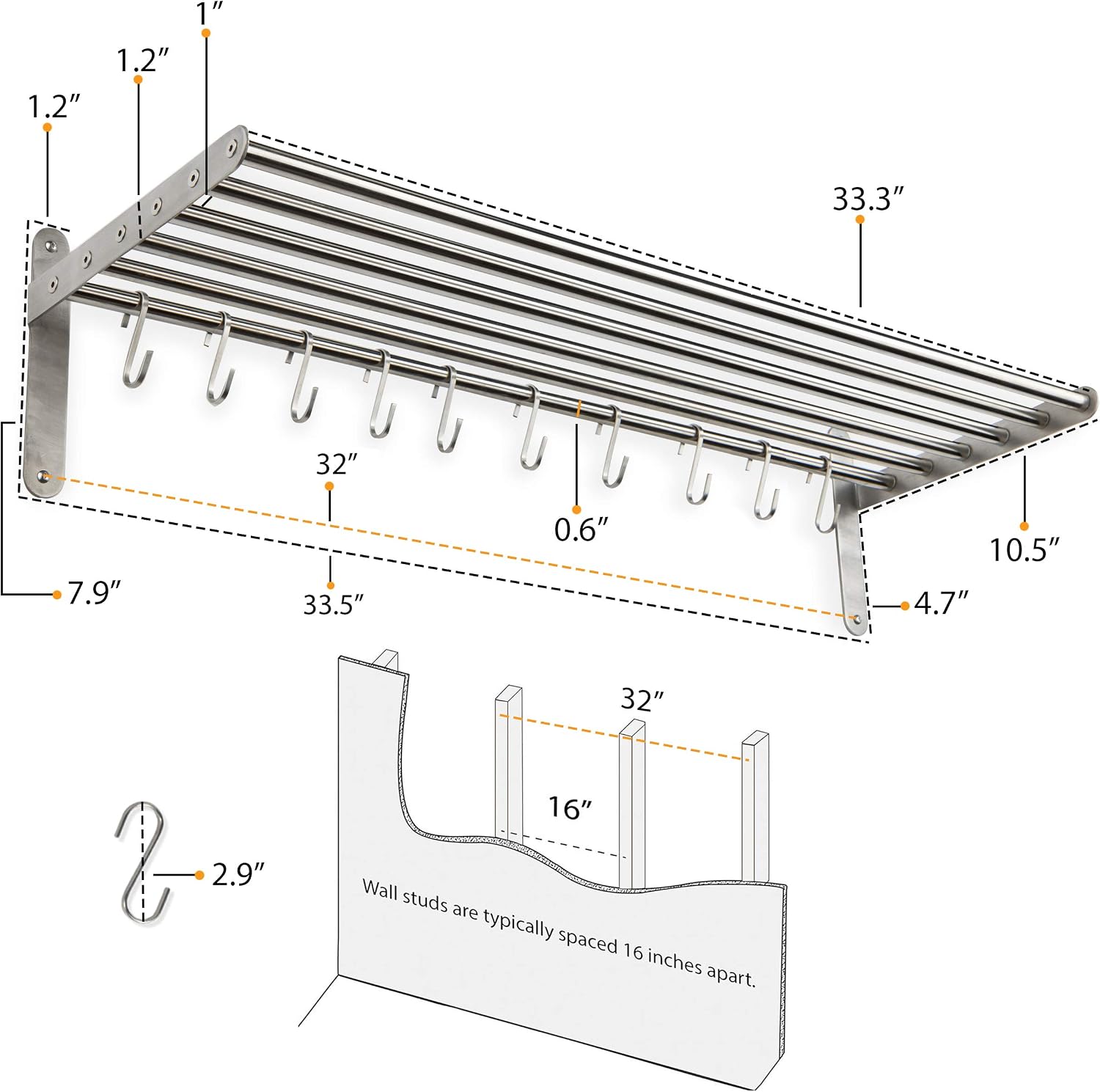 Chrome Stainless Steel Wall Pot Rack with 10 S Hooks