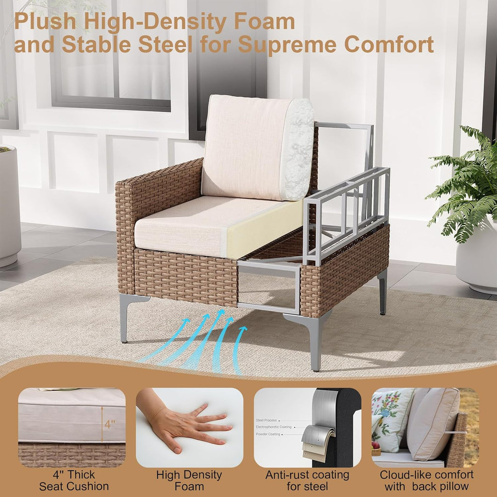 4-Piece Beige Rattan Patio Set with Glass Top Table