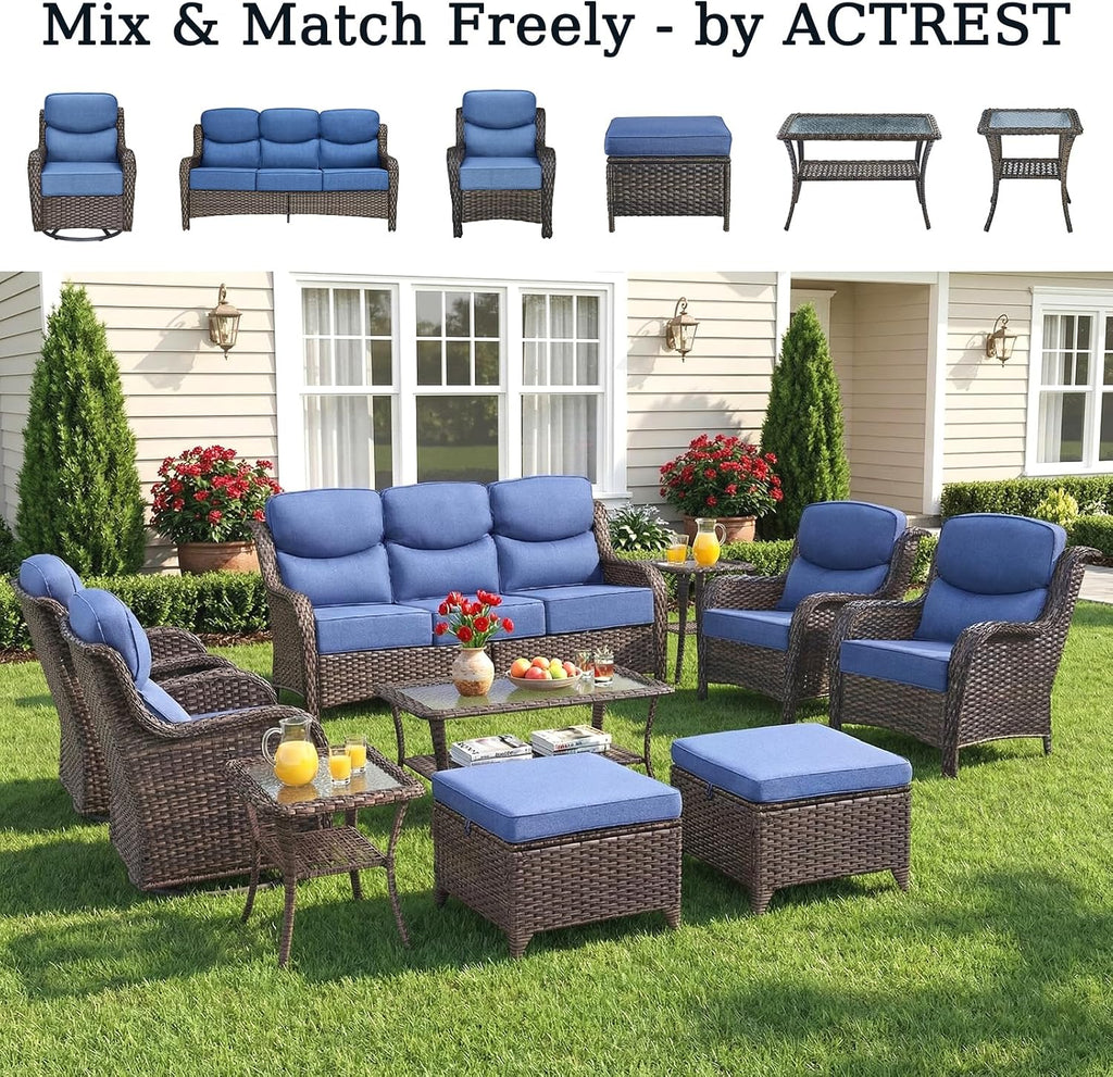 Brown Wicker 2-Seat Patio Loveseat Navy Cushions