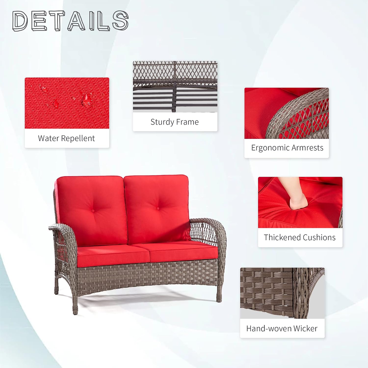 2-Piece Brown Wicker Patio Loveseat Set Red Cushions