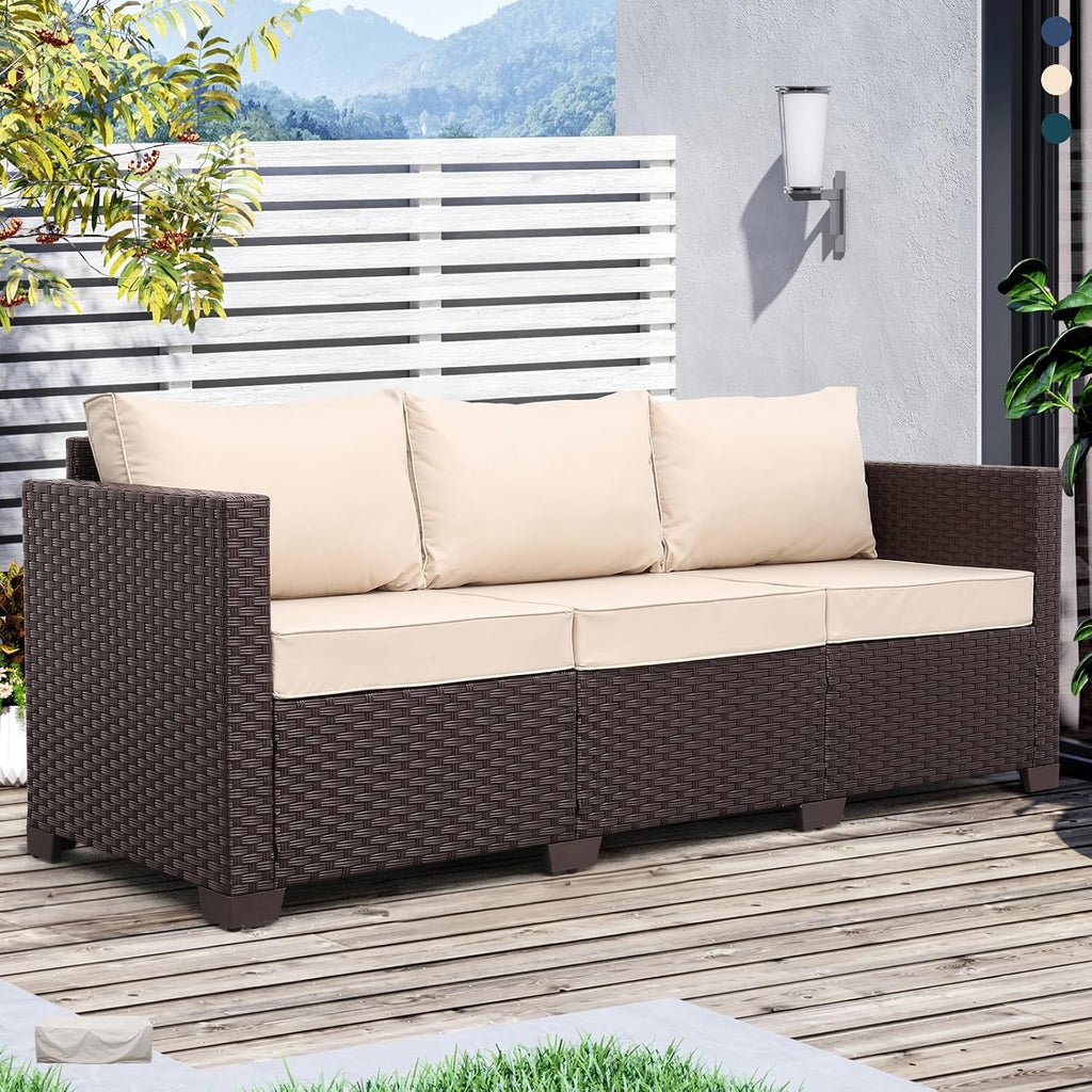 Khaki Wicker 3-Seat High Back Patio Sofa