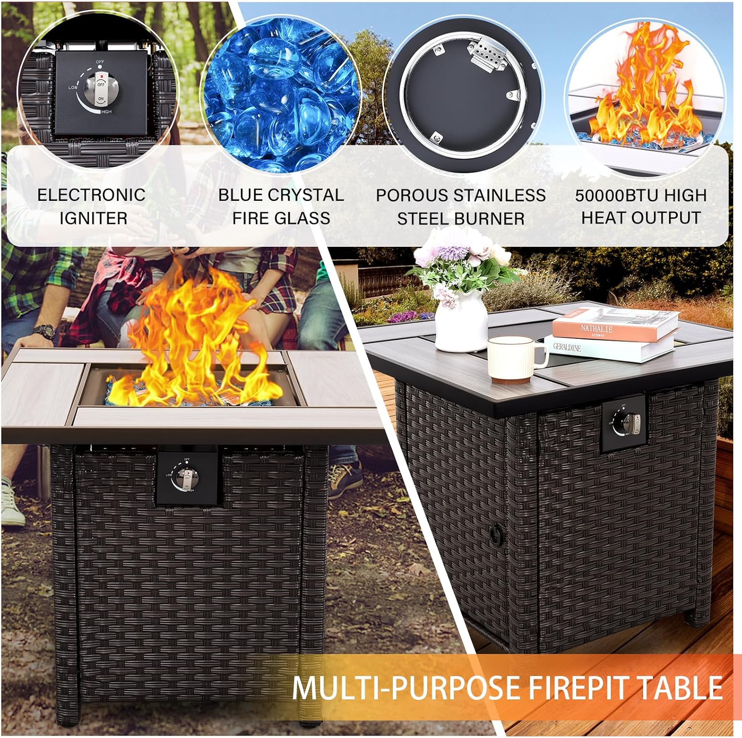 5 Piece PE Rattan Patio Set Fire Pit Table Khaki Cushions