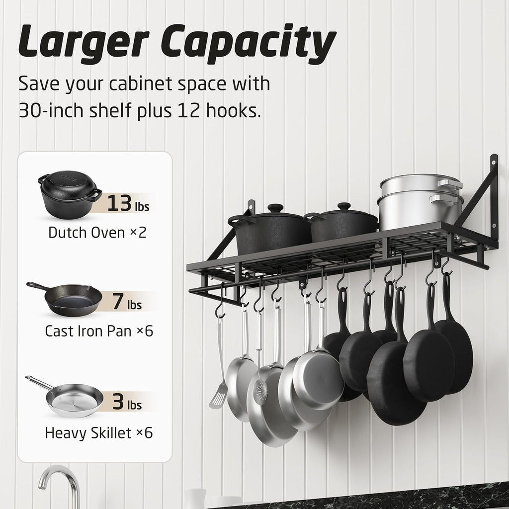 30" Matte Black Wall Mount Pot Rack