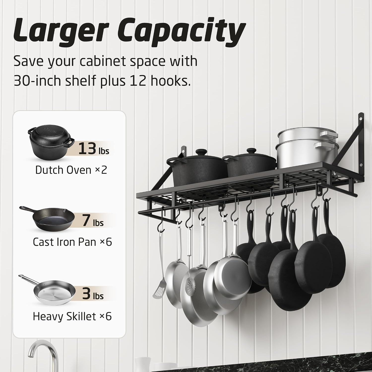 30" Matte Black Wall Mount Pot Rack