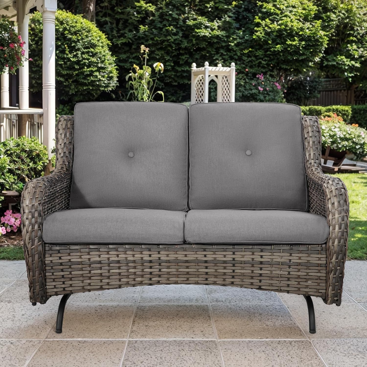 7 Piece Grey Wicker Patio Glider Set with Firepit Table