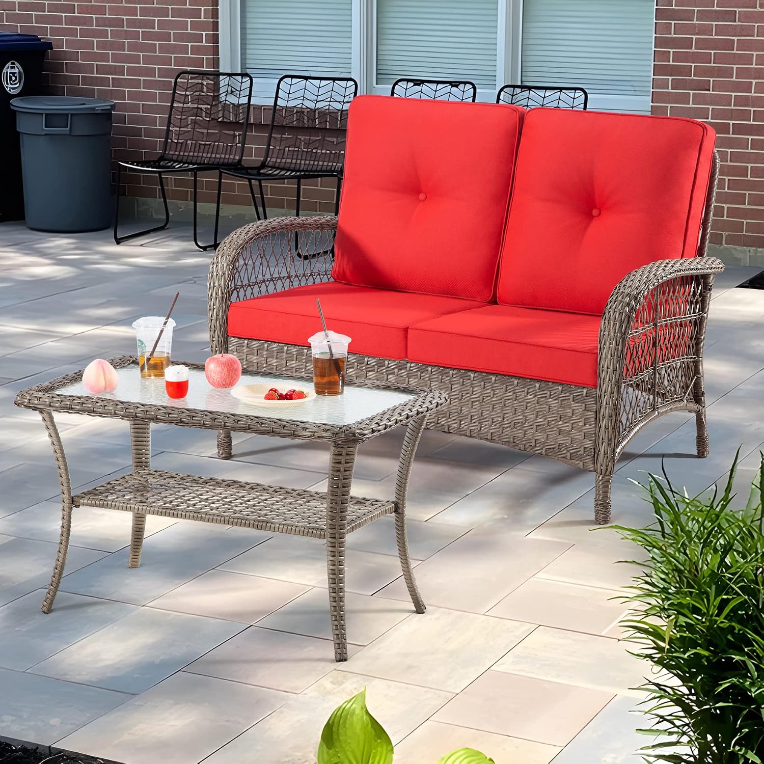 2-Piece Brown Wicker Patio Loveseat Set Red Cushions