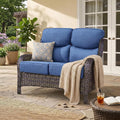 Brown Wicker 2-Seat Patio Loveseat Navy Cushions