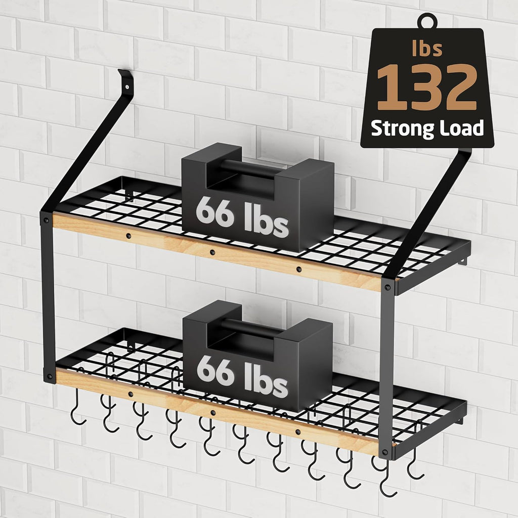 34" Wood Wall Pot Rack 20 Hooks Matte Black