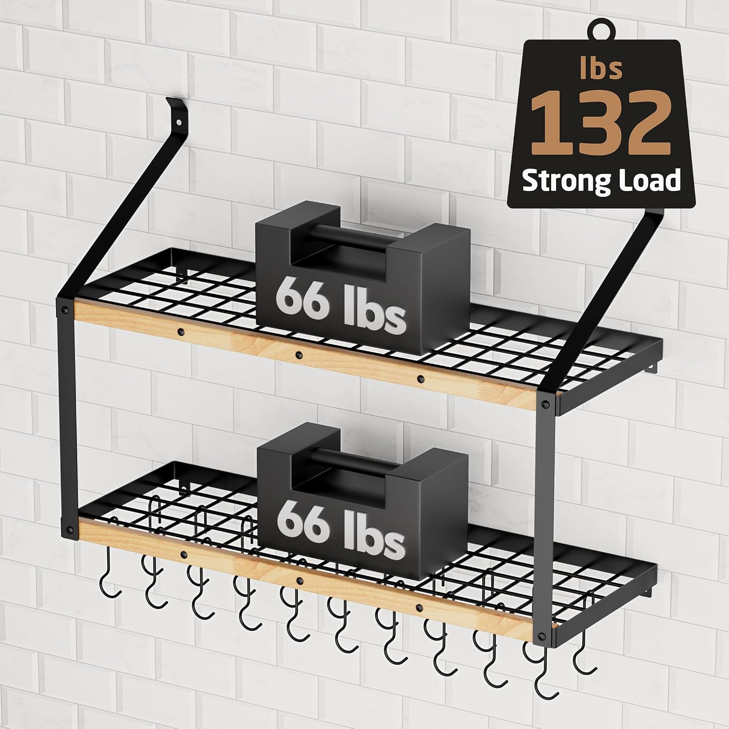 34" Wood Wall Pot Rack 20 Hooks Matte Black