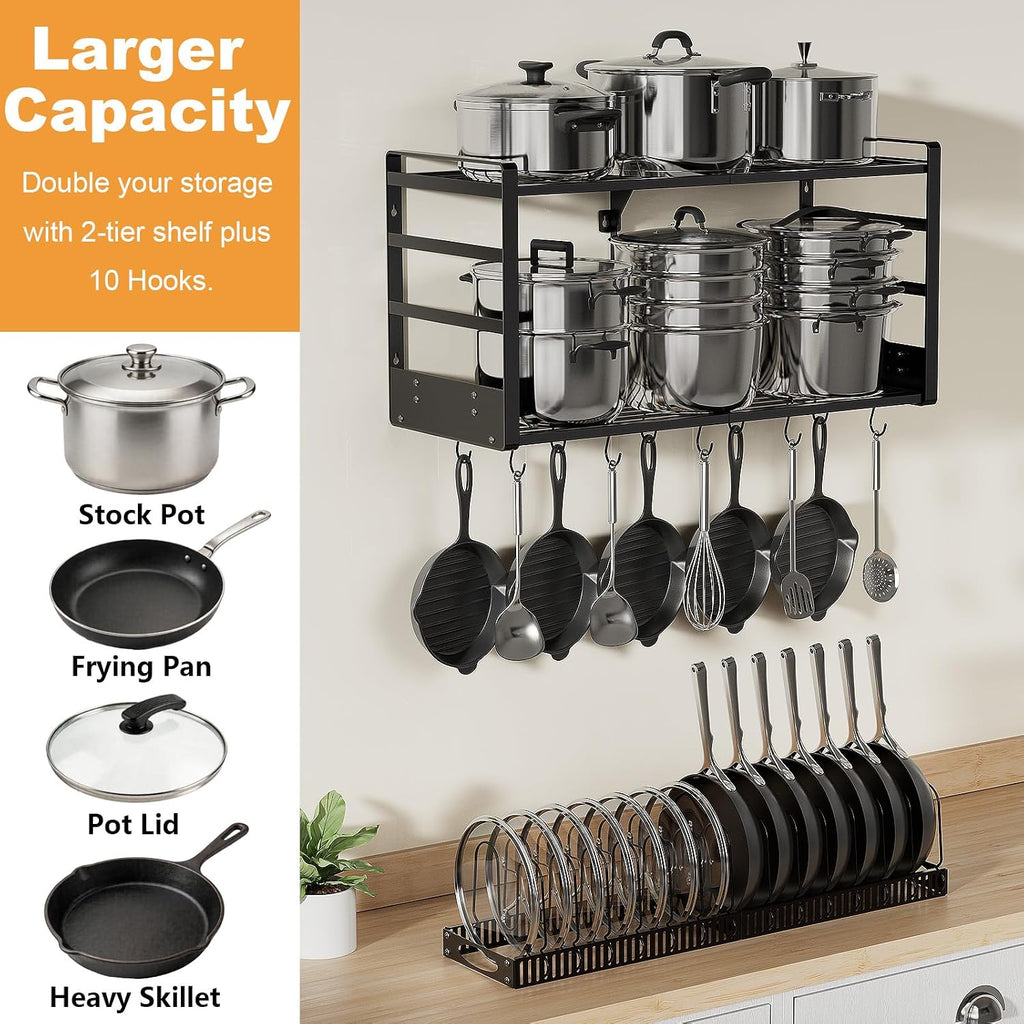 31" 2-Tier Wall Mount Pot Rack with Spice Rack