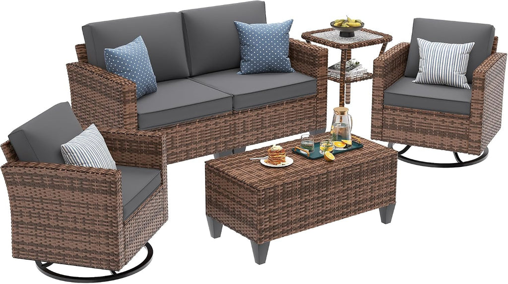 5 Piece Grey Wicker Patio Set with Swivel Rockers & Storage Table