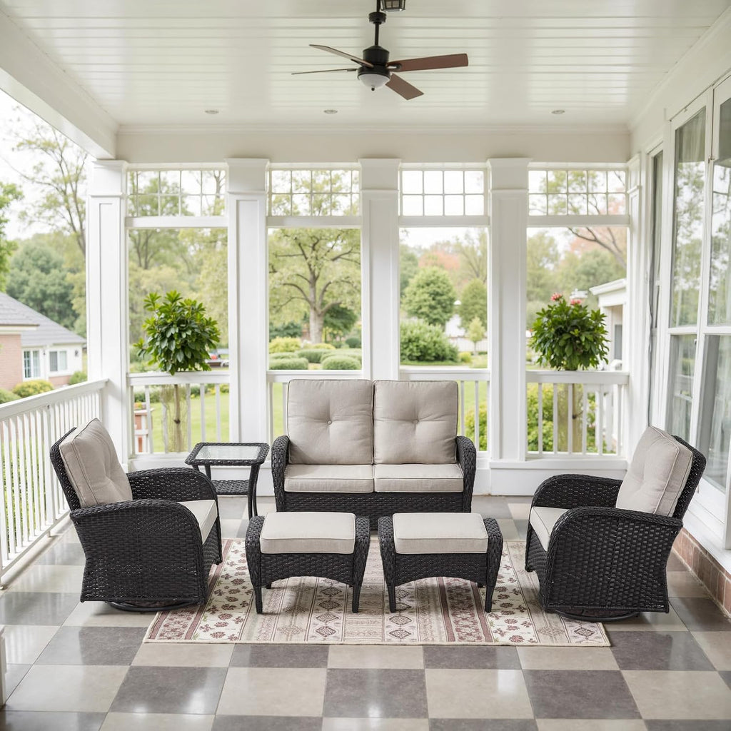 6 Piece Black Wicker Patio Set Swivel Rockers & Glider