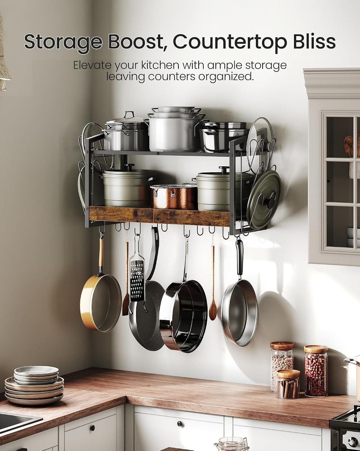 Rustic Brown 2-Tier Wall Mount Pot Rack with 12 Hooks