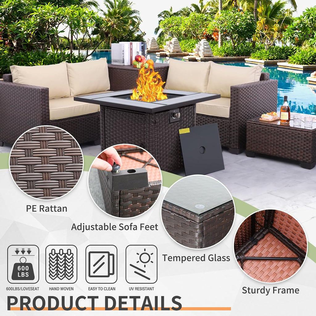 5 Piece PE Rattan Patio Set Fire Pit Table Khaki Cushions
