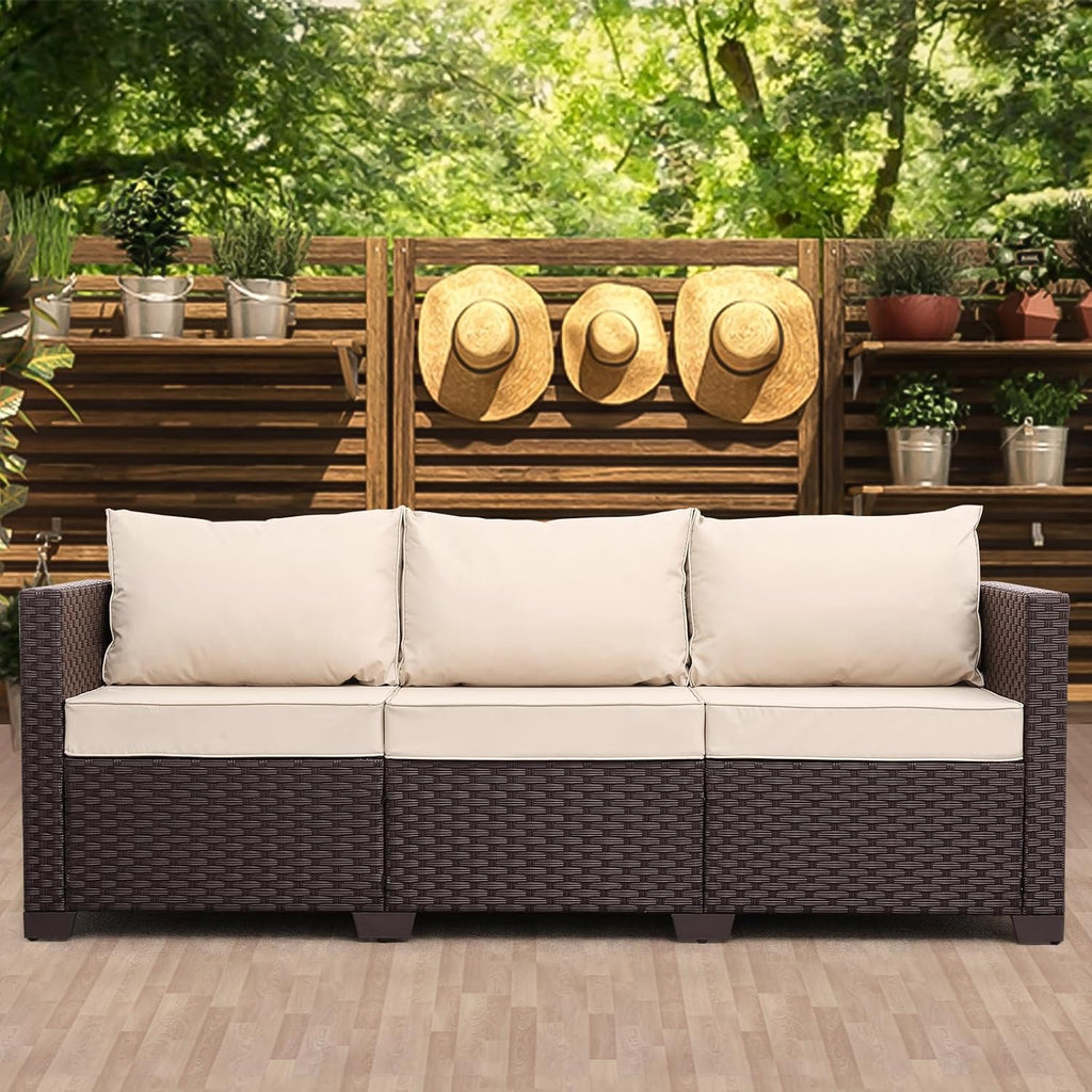 Khaki Wicker 3-Seat High Back Patio Sofa