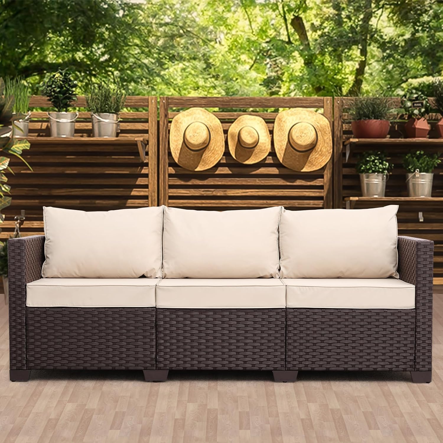 Khaki Wicker 3-Seat High Back Patio Sofa