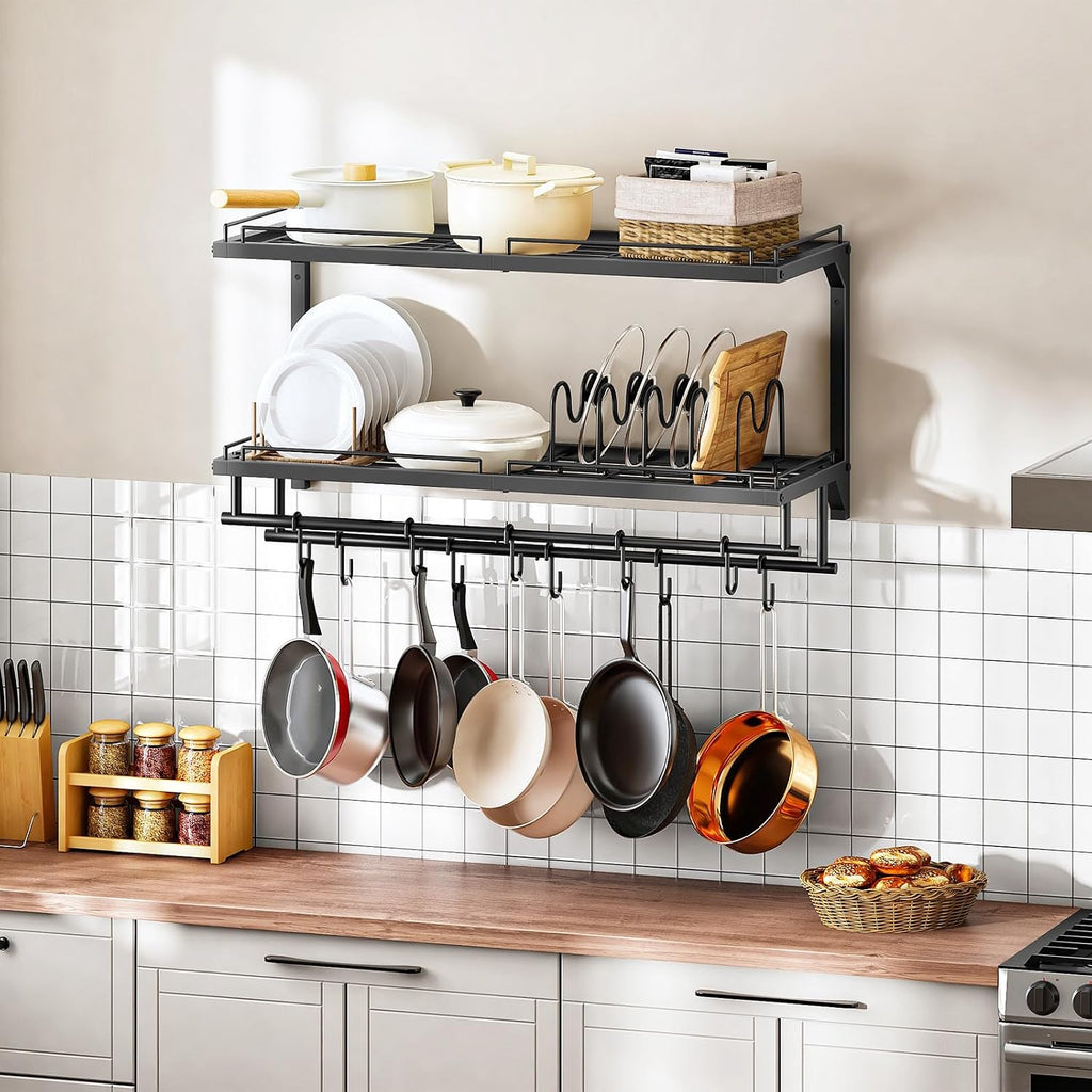 Black 2-Tier Wall Mount Pot Rack with 10 S Hooks