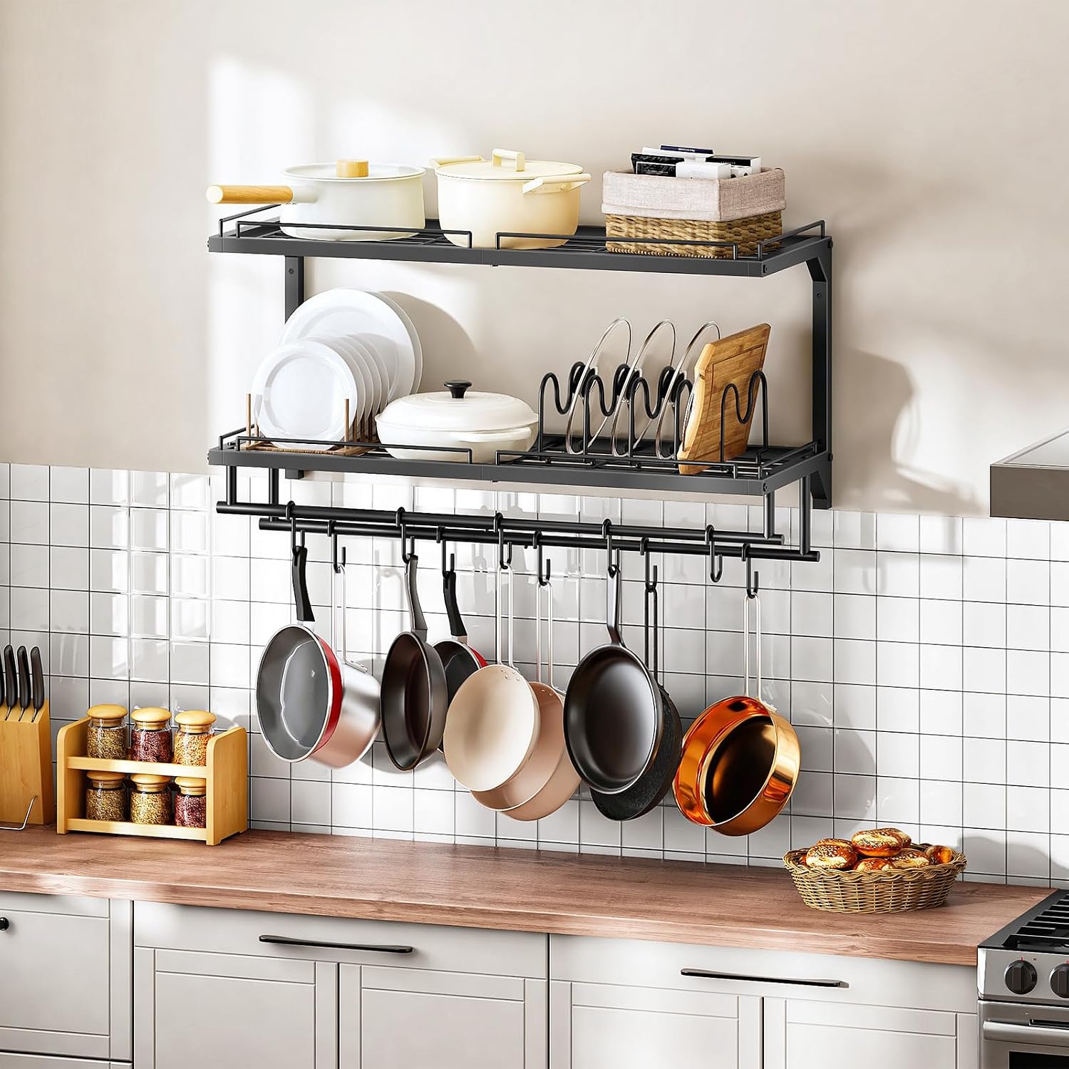 Black 2-Tier Wall Mount Pot Rack with 10 S Hooks