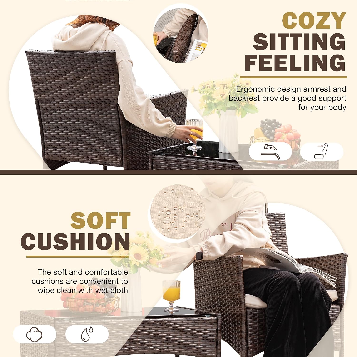 4-Piece Brown Rattan Patio Set Beige Cushions