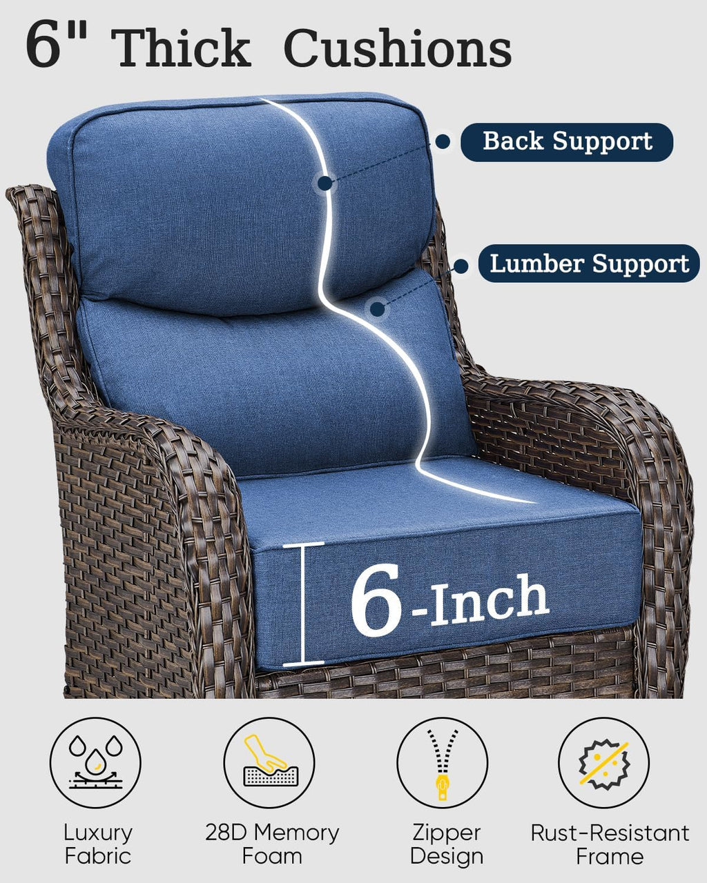 Brown Wicker 2-Seat Patio Loveseat Navy Cushions