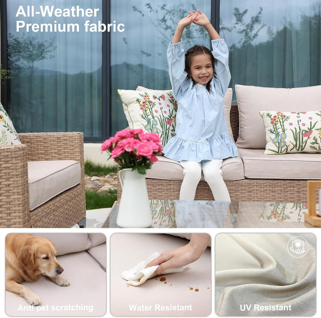 4-Piece Beige Rattan Patio Set with Glass Top Table