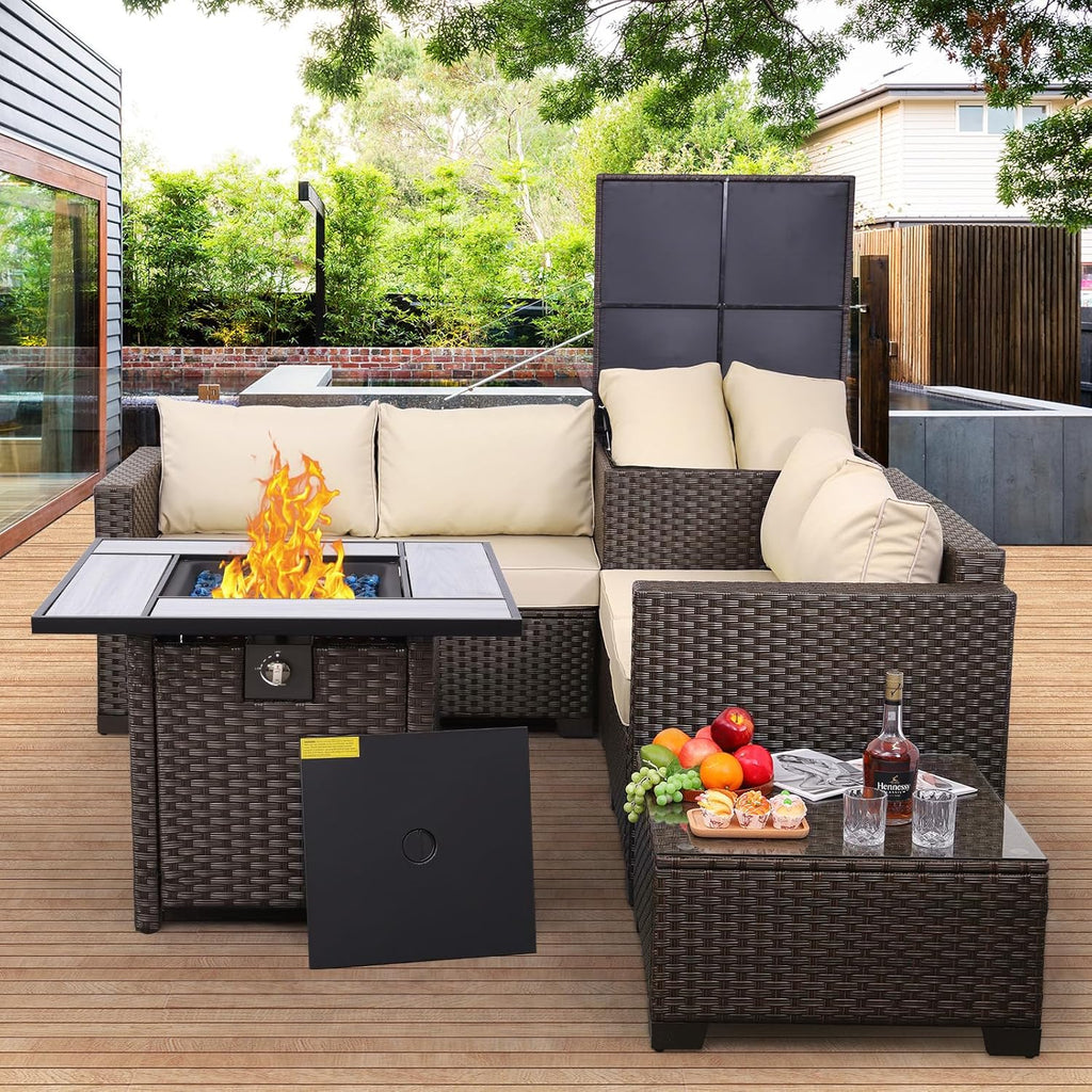 5 Piece PE Rattan Patio Set Fire Pit Table Khaki Cushions