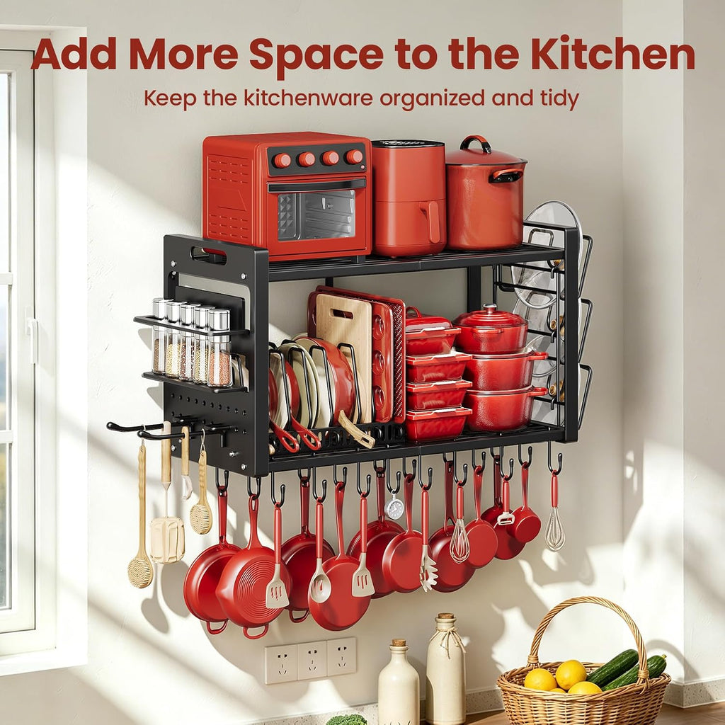 Wall Mount Pot Rack with 20 Hooks & Lid Holders