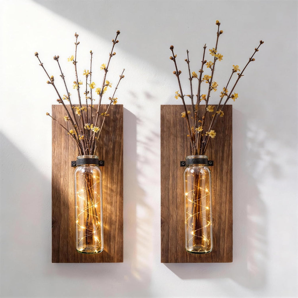 2 Pack Farmhouse Wood Glass Wall Hanging Planter Sconces