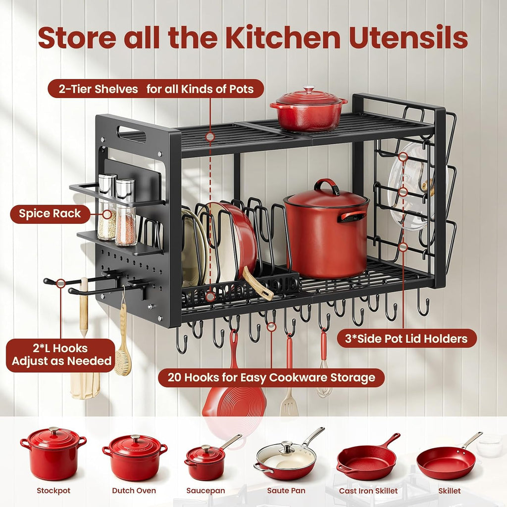 Wall Mount Pot Rack with 20 Hooks & Lid Holders