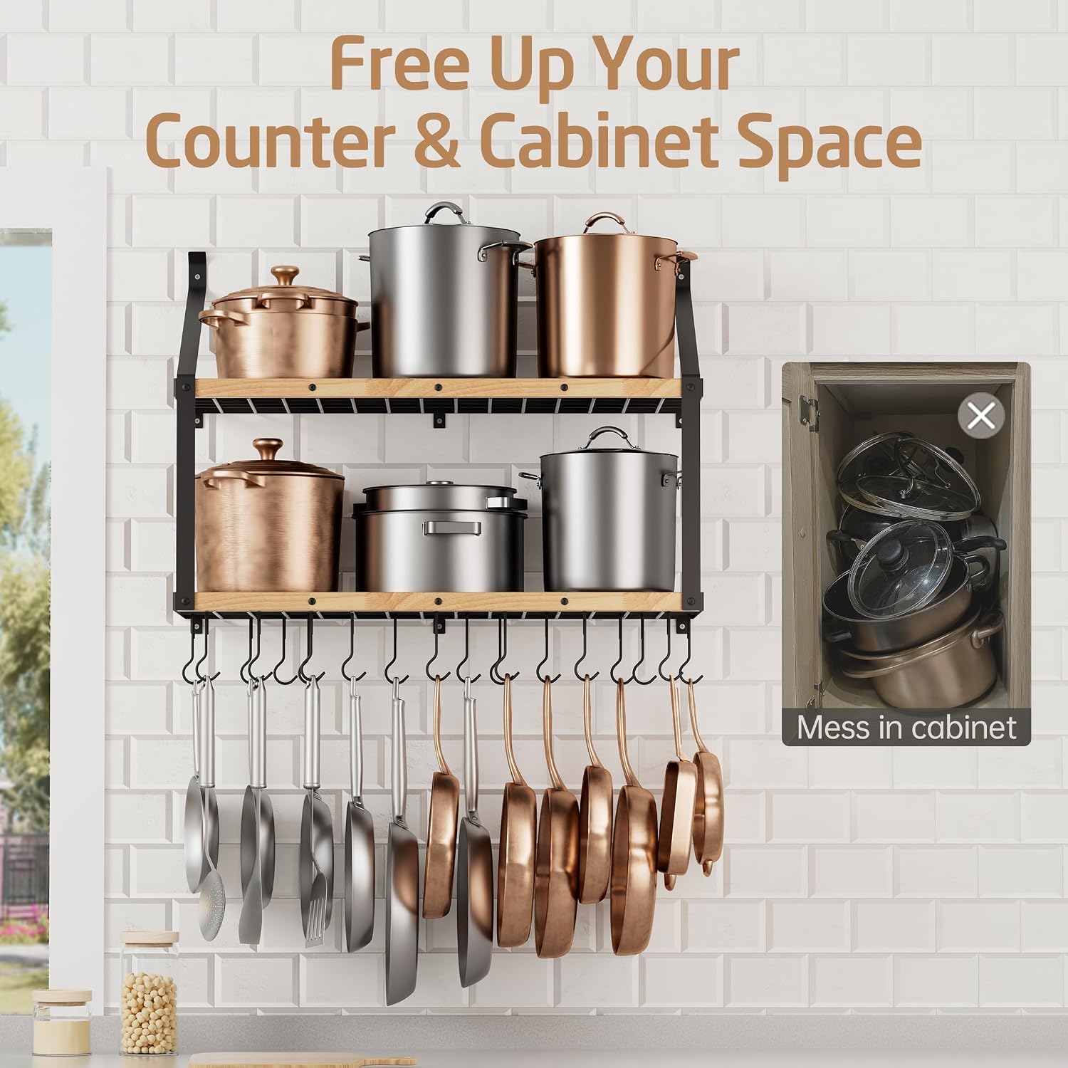 34" Wood Wall Pot Rack 20 Hooks Matte Black