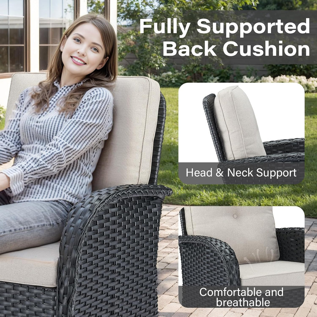 6 Piece Black Wicker Patio Set Swivel Rockers & Glider