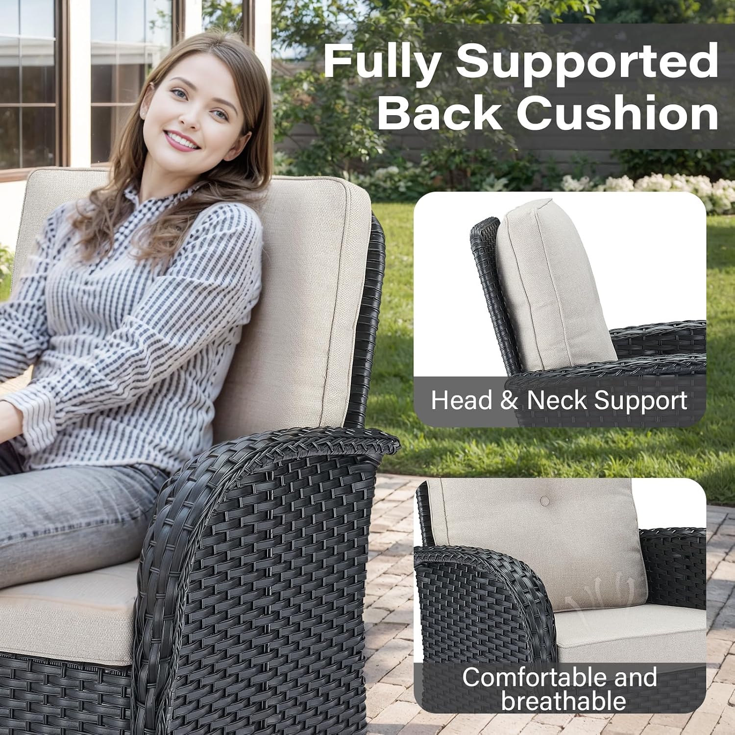 6 Piece Black Wicker Patio Set Swivel Rockers & Glider