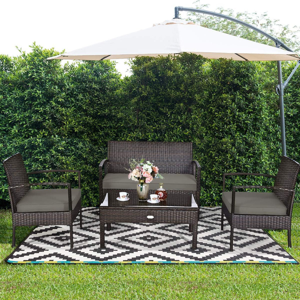 4-Piece Rattan Patio Conversation Set with Glass Table