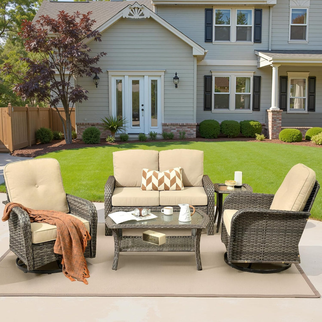 5 Piece Beige Rattan Patio Set Swivel Rockers & Loveseat
