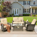 5 Piece Beige Rattan Patio Set Swivel Rockers & Loveseat