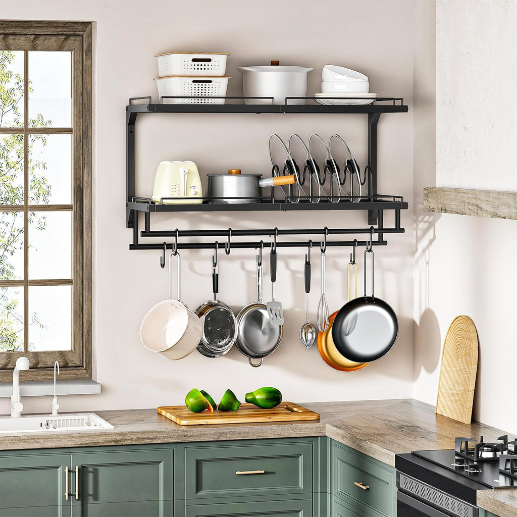 Black 2-Tier Wall Mount Pot Rack with 10 S Hooks