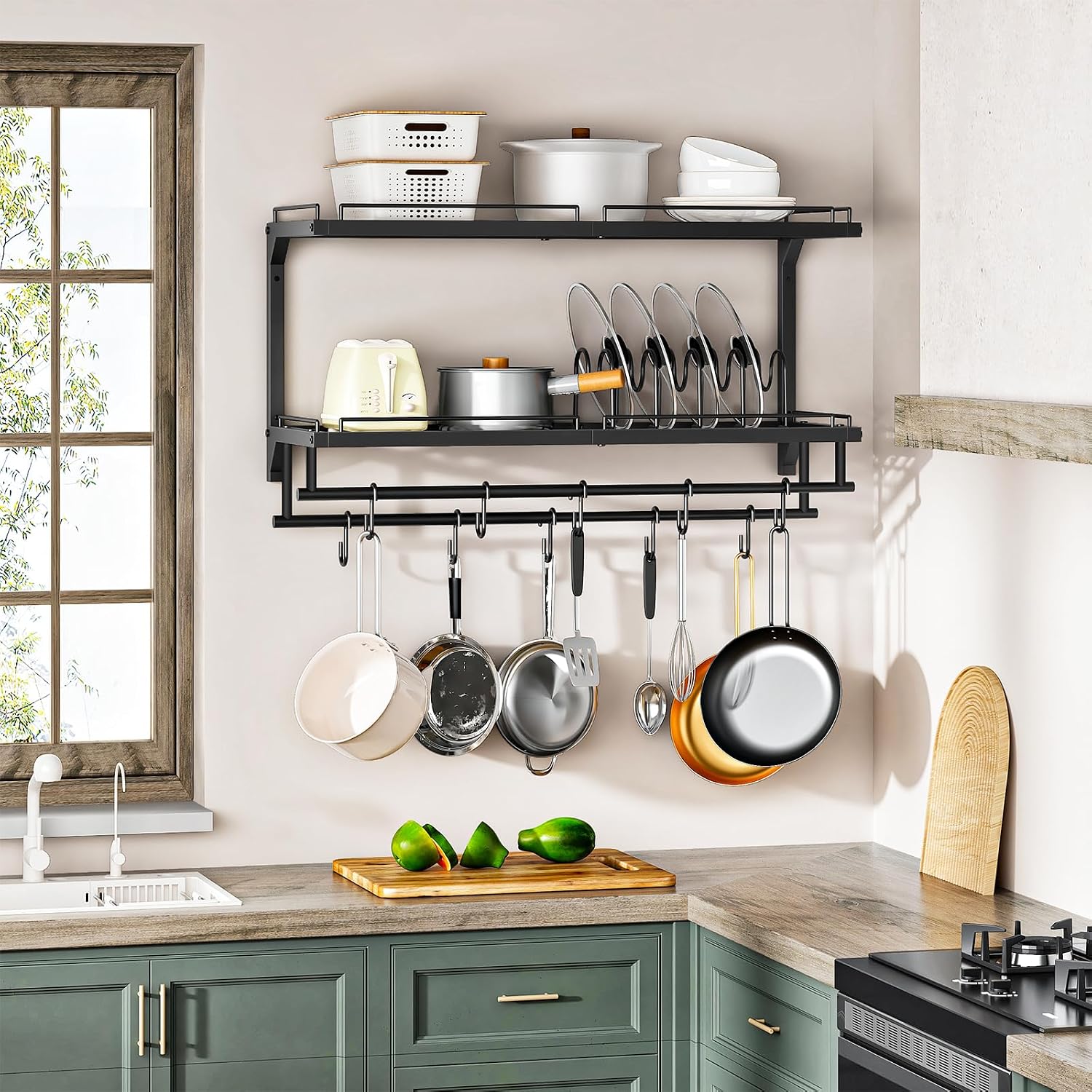 Black 2-Tier Wall Mount Pot Rack with 10 S Hooks