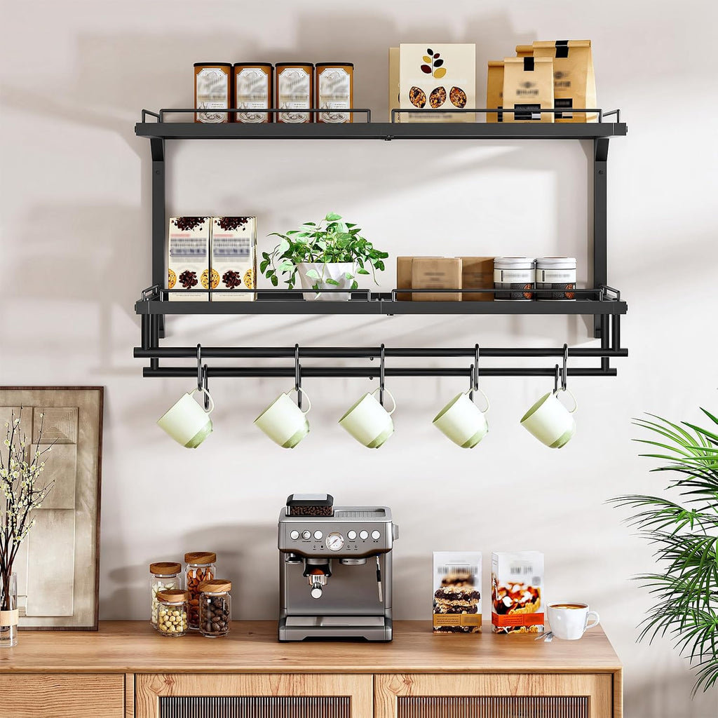 Black 2-Tier Wall Mount Pot Rack with 10 S Hooks